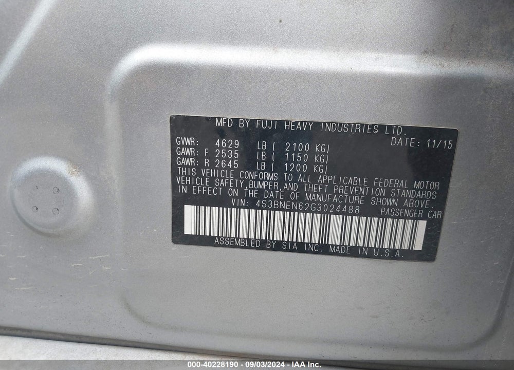 2016 SUBARU LEGACY 3.6R LIMITED VIN: 4S3BNEN62G3024488