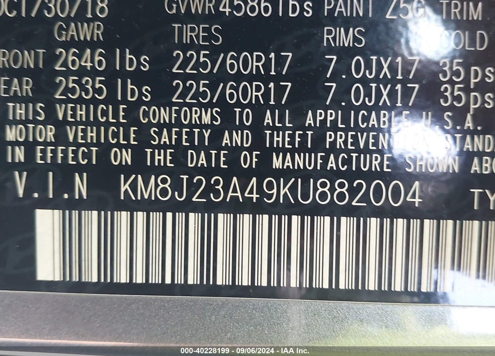 2019 HYUNDAI TUCSON SE VIN: KM8J23A49KU882004