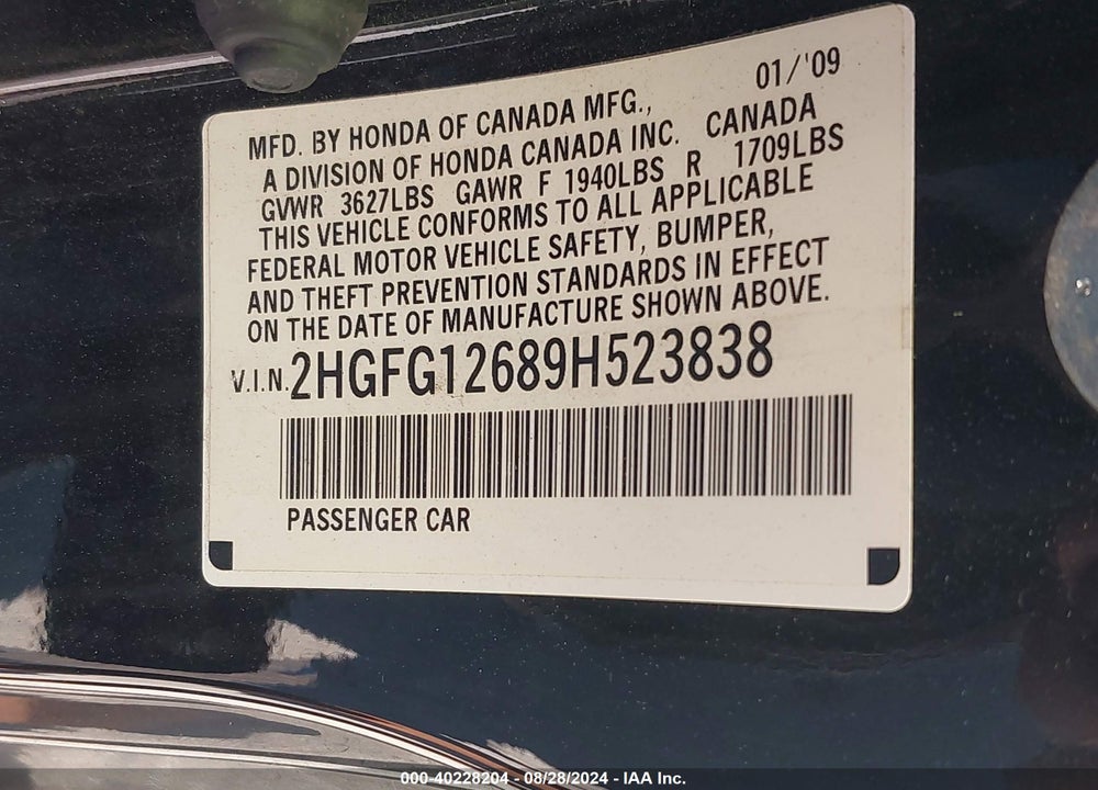 2009 HONDA CIVIC LX VIN: 2HGFG12689H523838