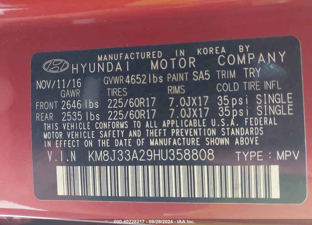 2017 HYUNDAI TUCSON VIN: KM8J33A29HU358808