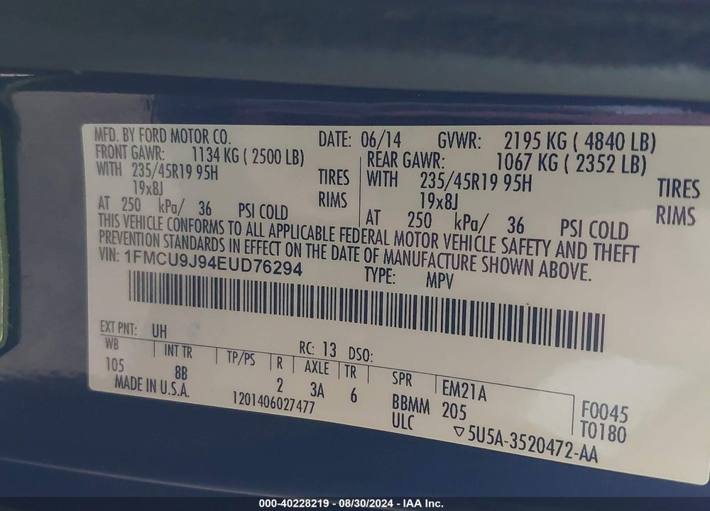2014 FORD ESCAPE TITANIUM VIN: 1FMCU9J94EUD76294