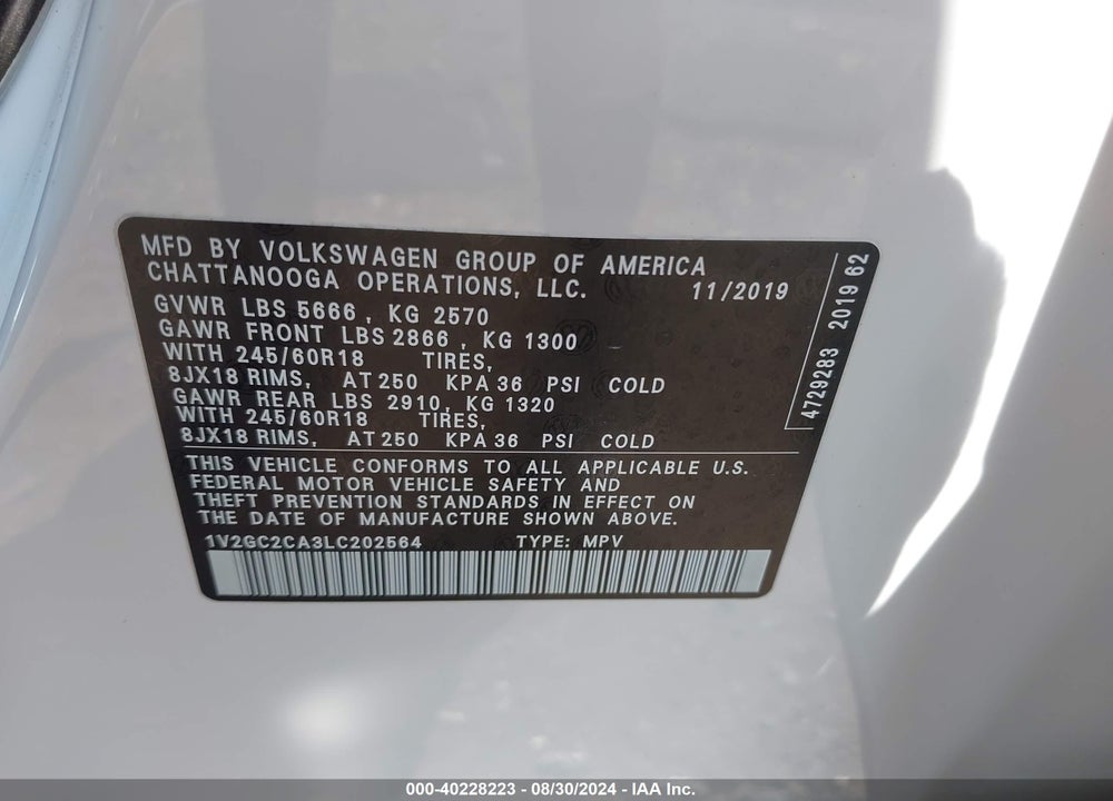2020 VOLKSWAGEN ATLAS CROSS SPORT 2.0T S VIN: 1V2GC2CA3LC202564