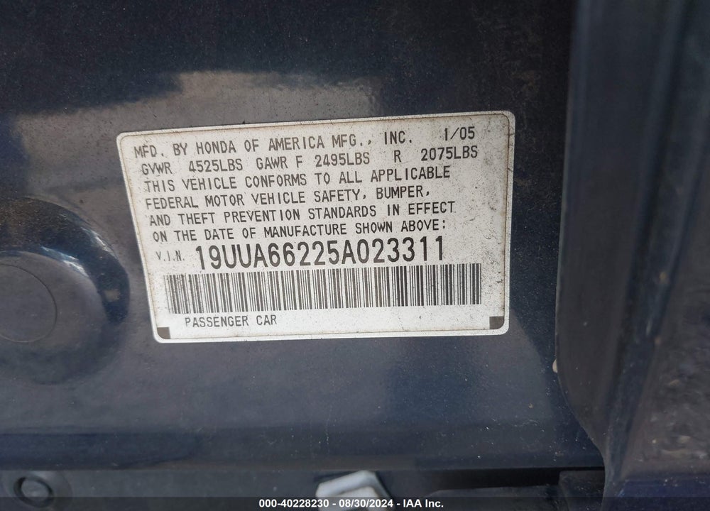 2005 ACURA TL VIN: 19UUA66225A023311