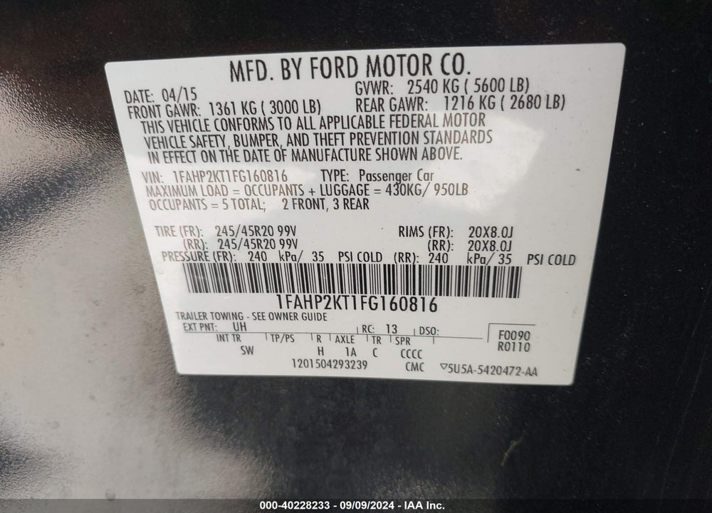 2015 FORD TAURUS SHO VIN: 1FAHP2KT1FG160816