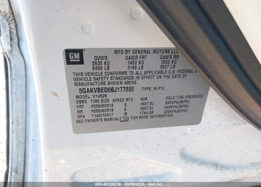 2011 BUICK ENCLAVE 1XL VIN: 5GAKVBED8BJ177895