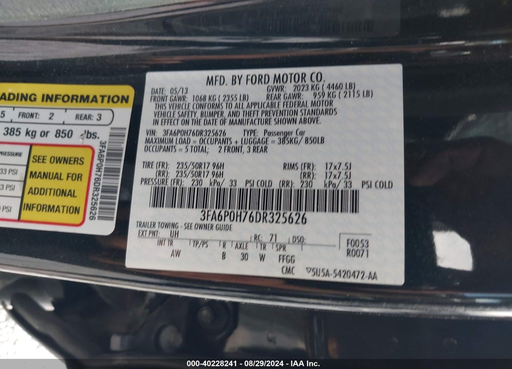 2013 FORD FUSION VIN: 3FA6P0H76DR325626