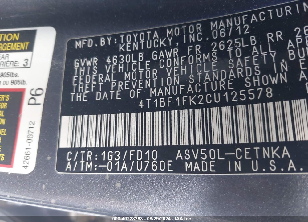 2012 TOYOTA CAMRY LE VIN: 4T1BF1FK2CU125578