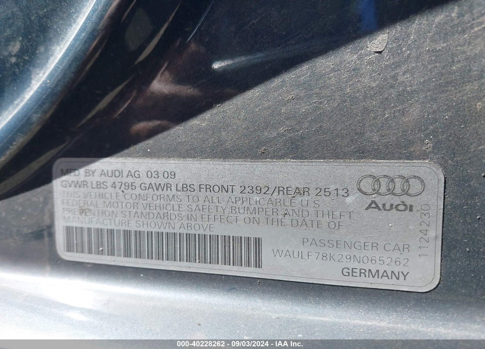 2009 AUDI A4 2.0T PREMIUM VIN: WAULF78K29N065262
