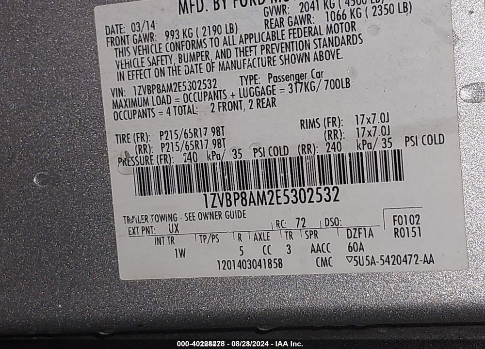 2014 FORD MUSTANG VIN: 1ZVBP8AM2E5302532