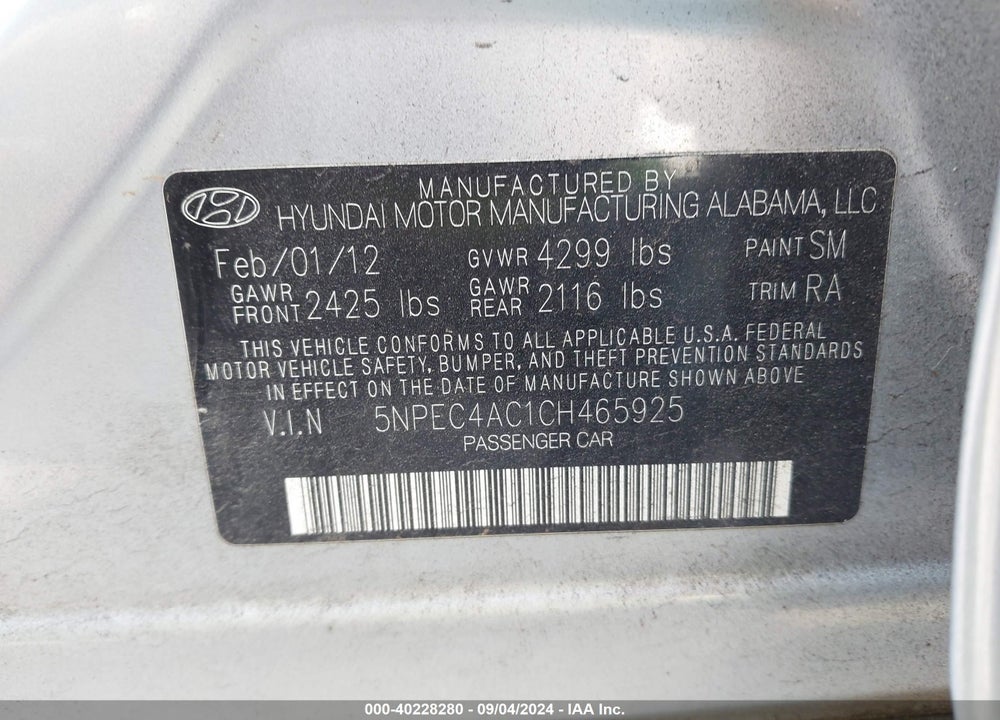2012 HYUNDAI SONATA LIMITED VIN: 5NPEC4AC1CH465925