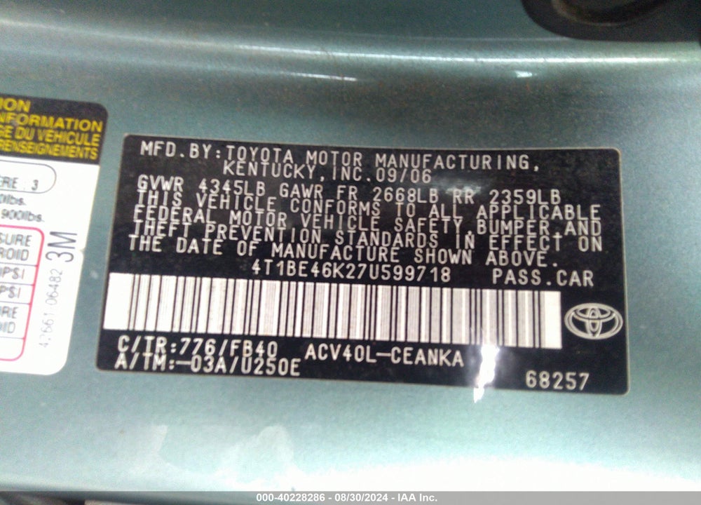 2007 TOYOTA CAMRY LE VIN: 4T1BE46K27U599718