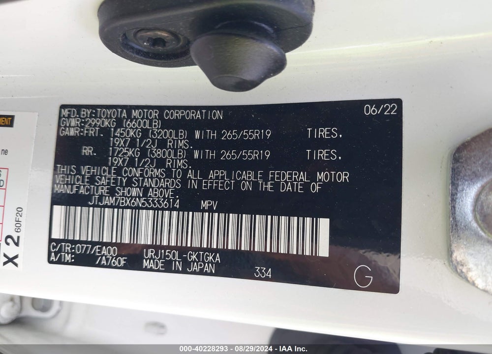 2022 LEXUS 460 PREMIUM VIN: JTJAM7BX6N5333614