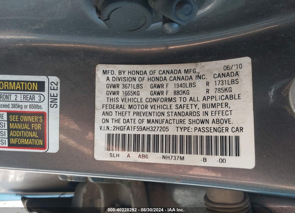 2010 HONDA CIVIC LX VIN: 2HGFA1F59AH327205