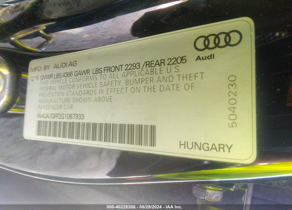 2016 AUDI A3 1.8T PREMIUM VIN: WAUA7GFF2G1067933
