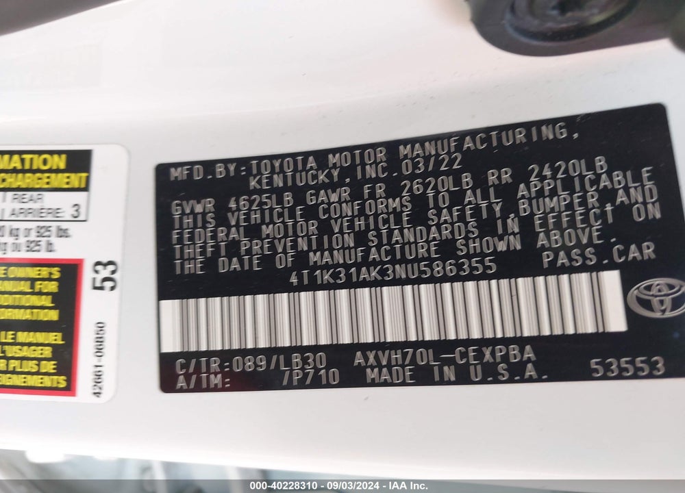 2022 TOYOTA CAMRY XSE HYBRID VIN: 4T1K31AK3NU586355