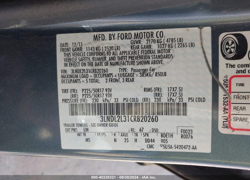 2012 LINCOLN MKZ HYBRID VIN: 3LNDL2L31CR820260
