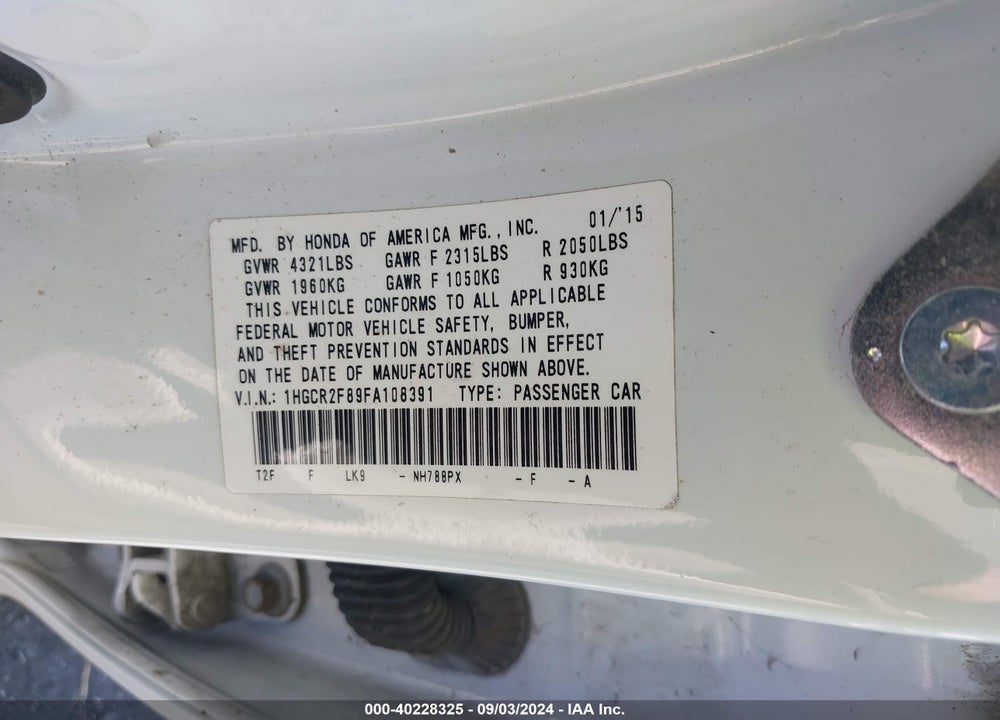 2015 HONDA ACCORD EX-L VIN: 1HGCR2F89FA108391