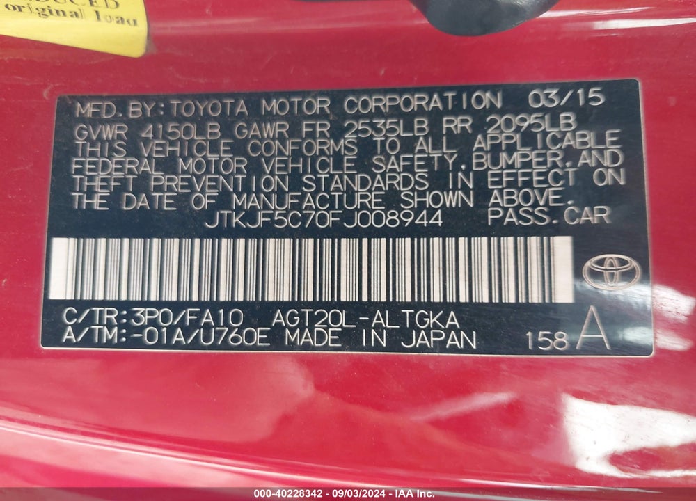 2015 SCION TC VIN: JTKJF5C70FJ008944