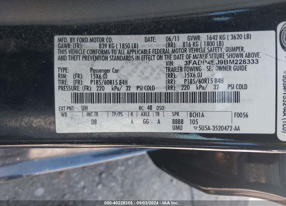 2011 FORD FIESTA SE VIN: 3FADP4EJ9BM228333