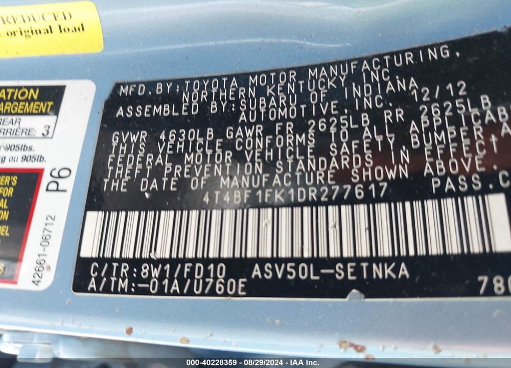 2013 TOYOTA CAMRY LE VIN: 4T4BF1FK1DR277617