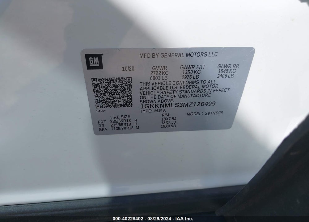 2021 GMC ACADIA FWD SLT VIN: 1GKKNMLS3MZ126499