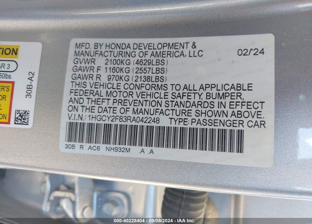 2024 HONDA ACCORD HYBRID TOURING VIN: 1HGCY2F83RA042248