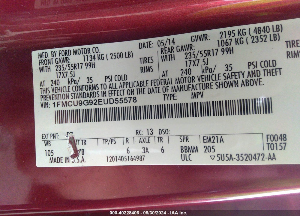 2014 FORD ESCAPE SE VIN: 1FMCU9G92EUD55578