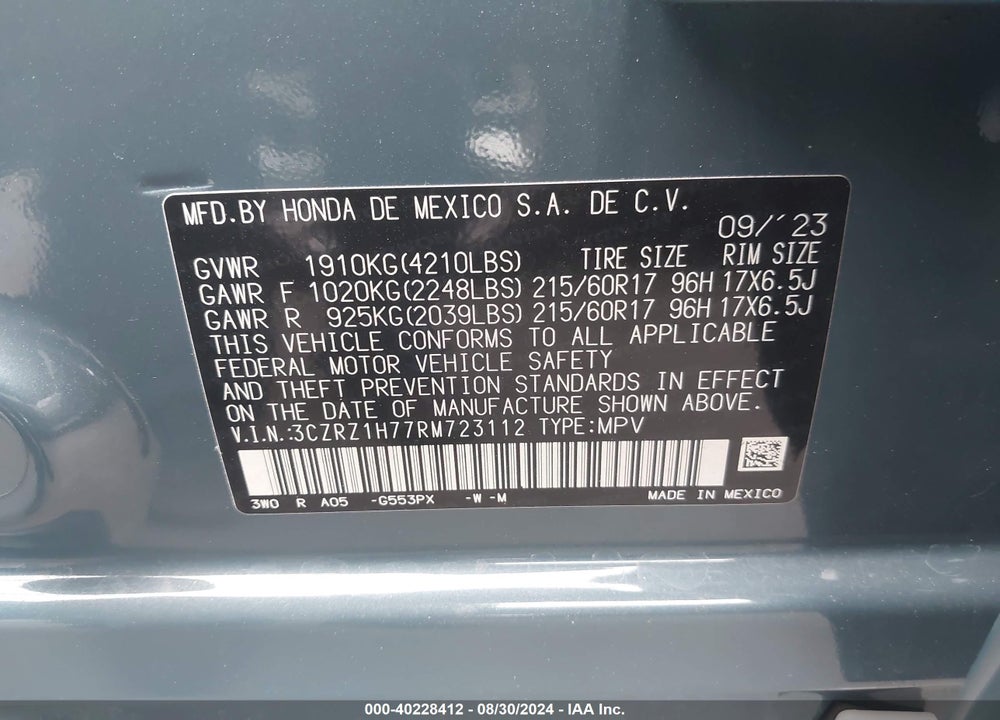 2024 HONDA HR-V 2WD EX-L/2WD EX-L W/O BSI VIN: 3CZRZ1H77RM723112