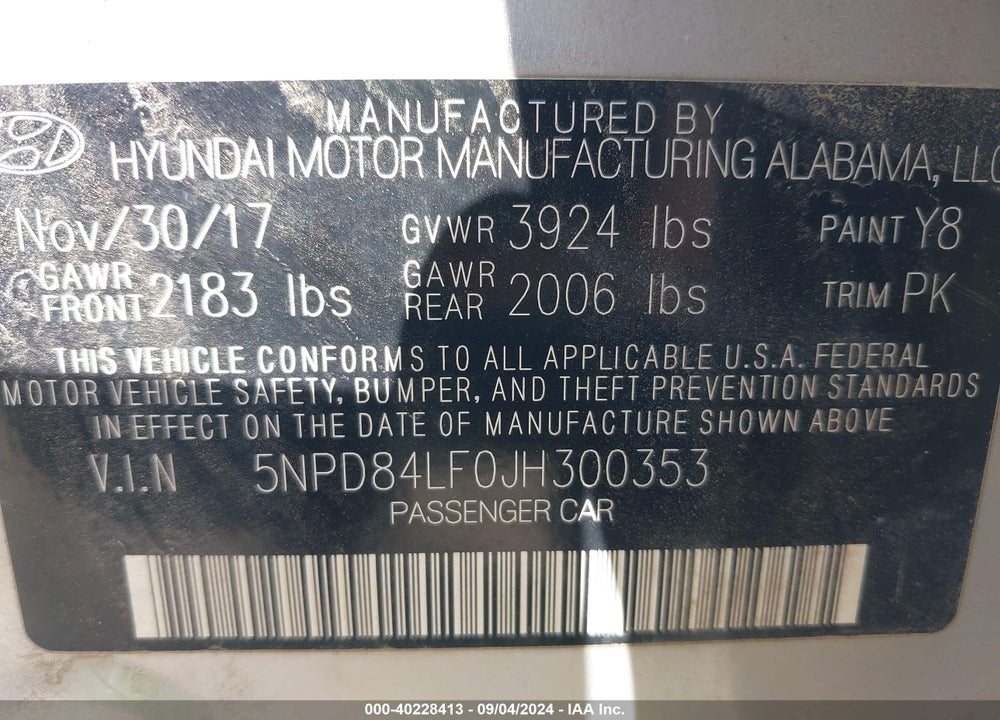 2018 HYUNDAI ELANTRA SEL VIN: 5NPD84LF0JH300353