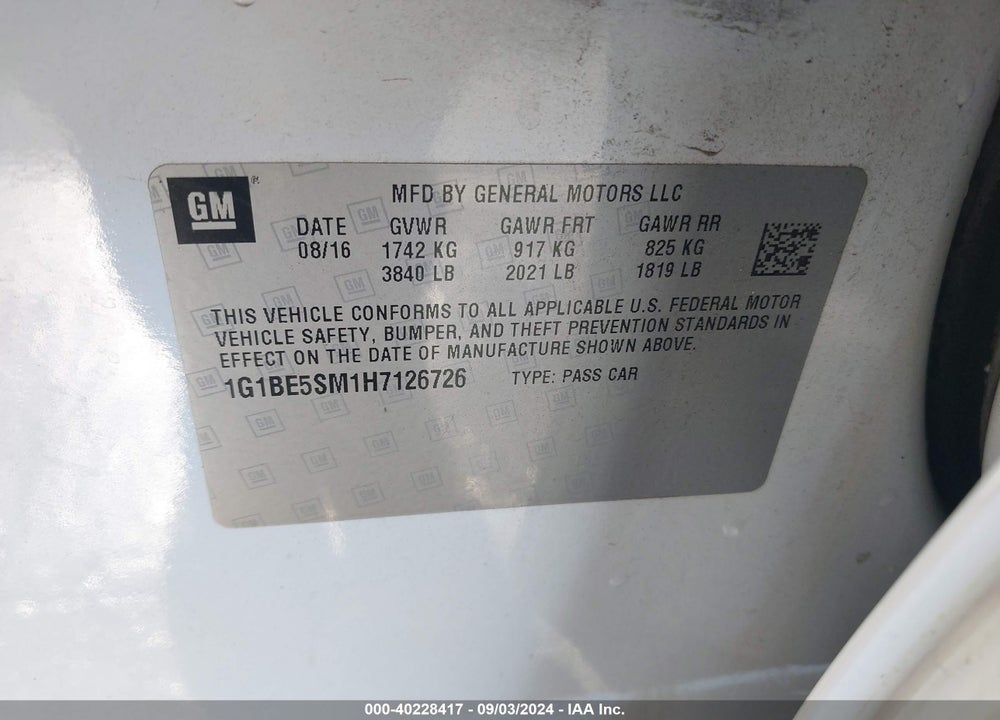 2017 CHEVROLET CRUZE LT AUTO VIN: 1G1BE5SM1H7126726