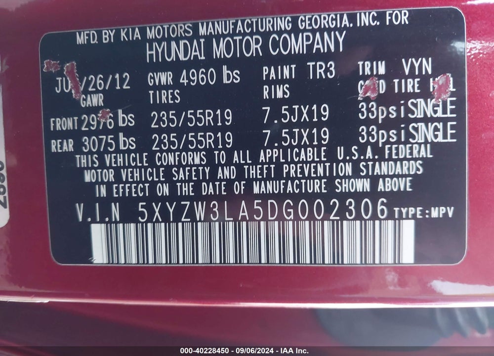 2013 HYUNDAI SANTA FE SPORT 2.0T VIN: 5XYZW3LA5DG002306