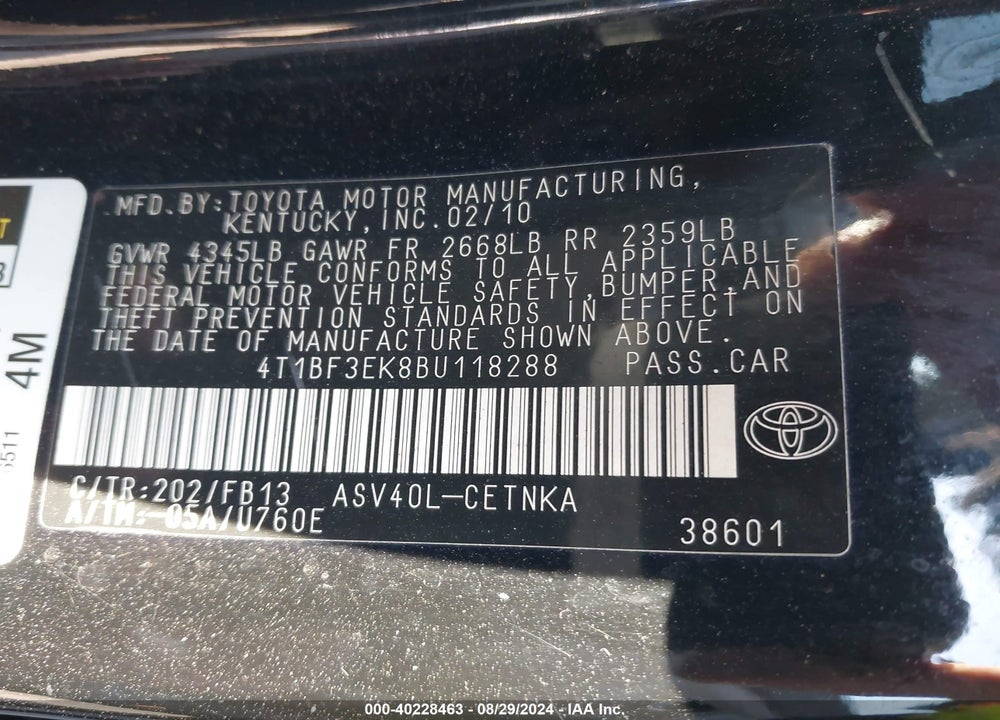 2011 TOYOTA CAMRY LE VIN: 4T1BF3EK8BU118288