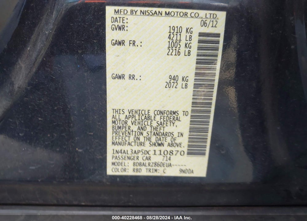 2013 NISSAN ALTIMA 2.5 S VIN: 1N4AL3AP5DC110870