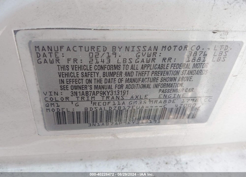 2019 NISSAN SENTRA VIN: 3N1AB7AP9KY313191