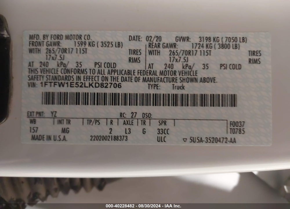2020 FORD F-150 VIN: 1FTFW1E52LKD82706