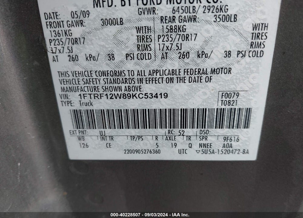 2009 FORD F-150 STX/XL/XLT VIN: 1FTRF12W89KC53419