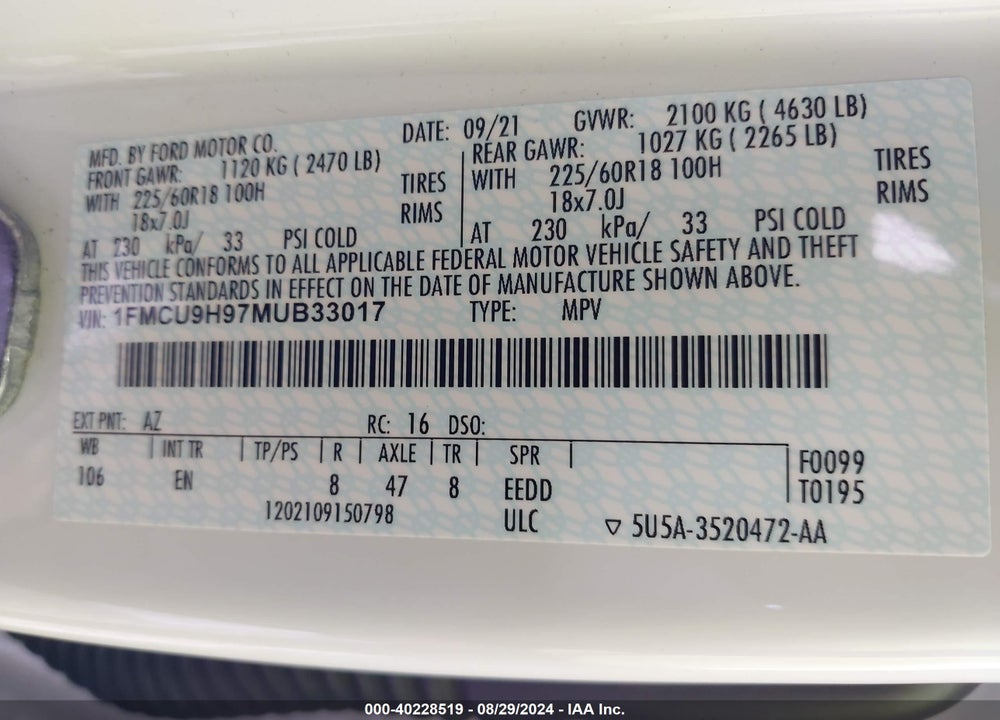 2021 FORD ESCAPE SEL VIN: 1FMCU9H97MUB33017