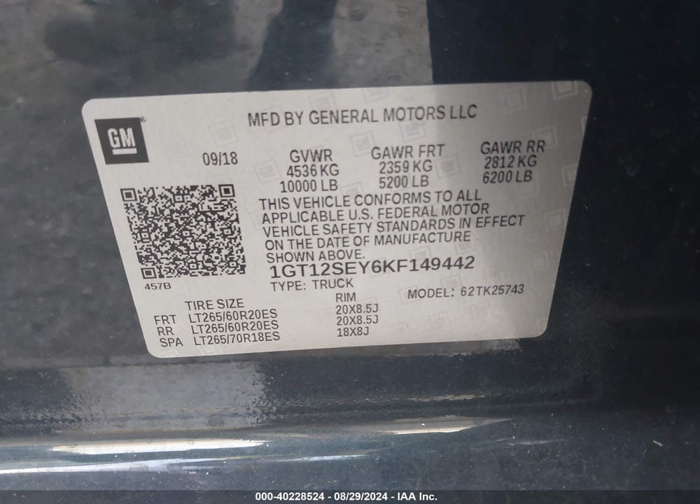 2019 GMC SIERRA 2500HD DENALI VIN: 1GT12SEY6KF149442