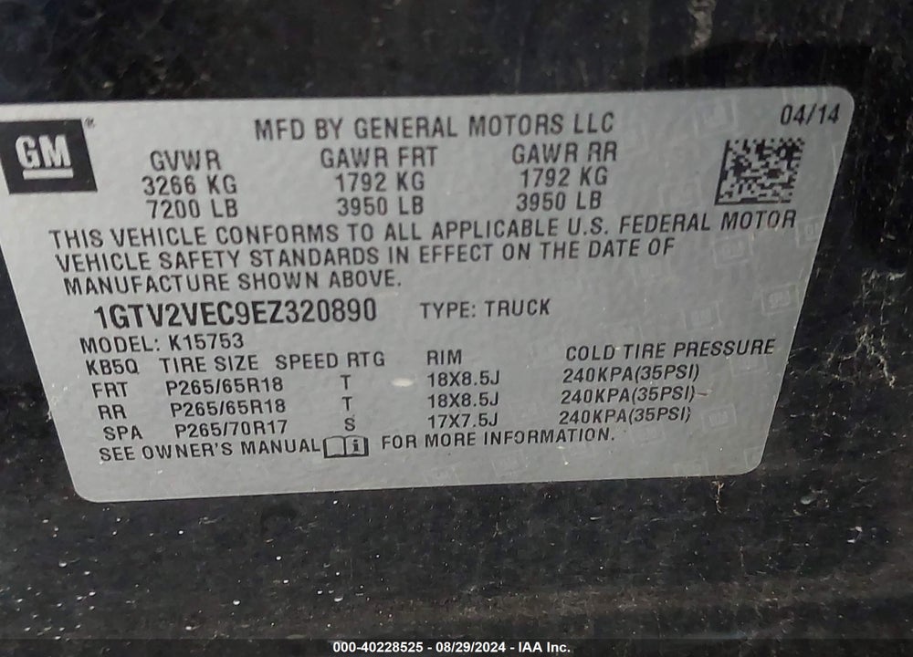2014 GMC SIERRA 1500 SLT VIN: 1GTV2VEC9EZ320890