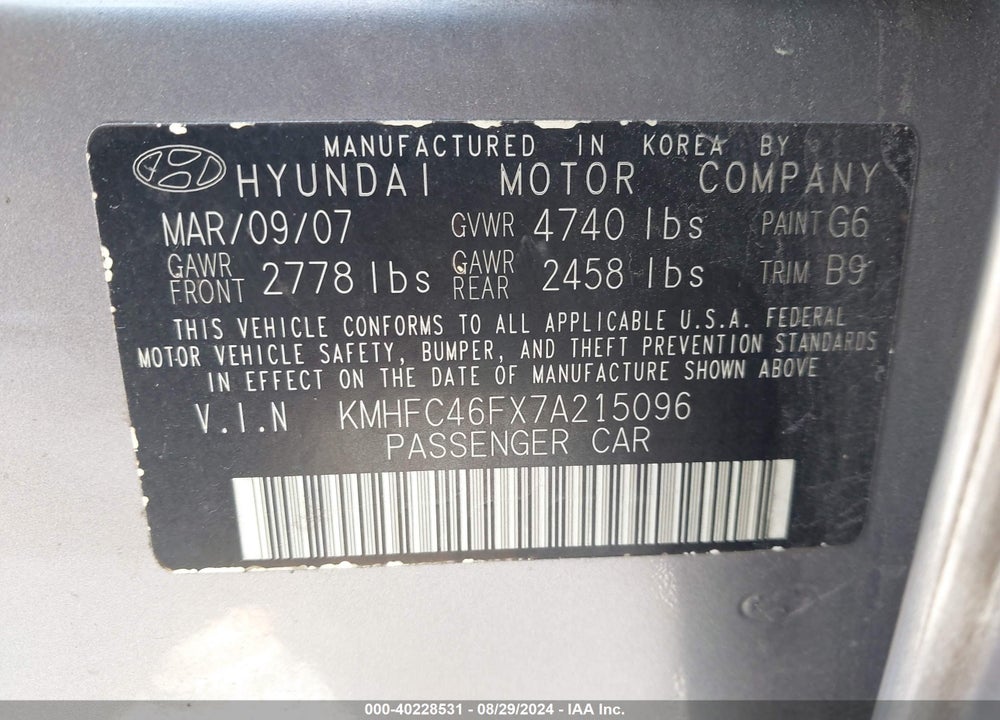 2007 HYUNDAI AZERA LIMITED/SE VIN: KMHFC46FX7A215096