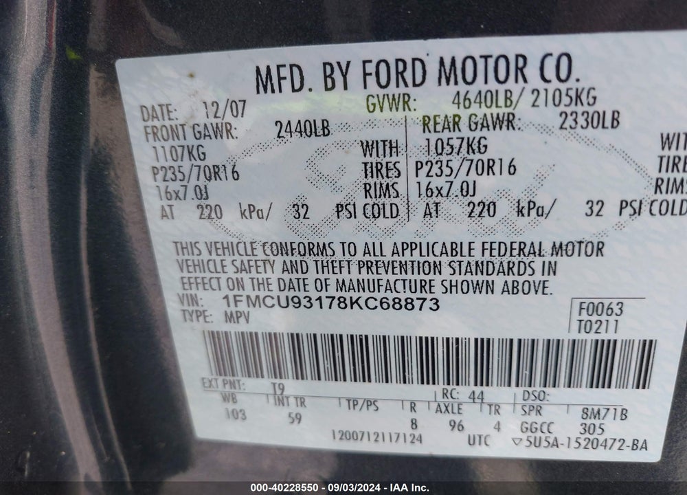 2008 FORD ESCAPE XLT VIN: 1FMCU93178KC68873