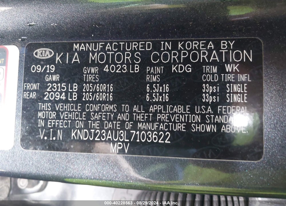 2020 KIA SOUL !/+/S VIN: KNDJ23AU3L7103622