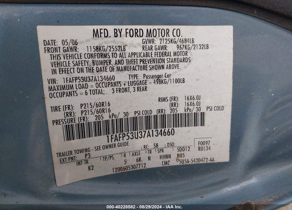 2007 FORD TAURUS SE VIN: 1FAFP53U37A134660