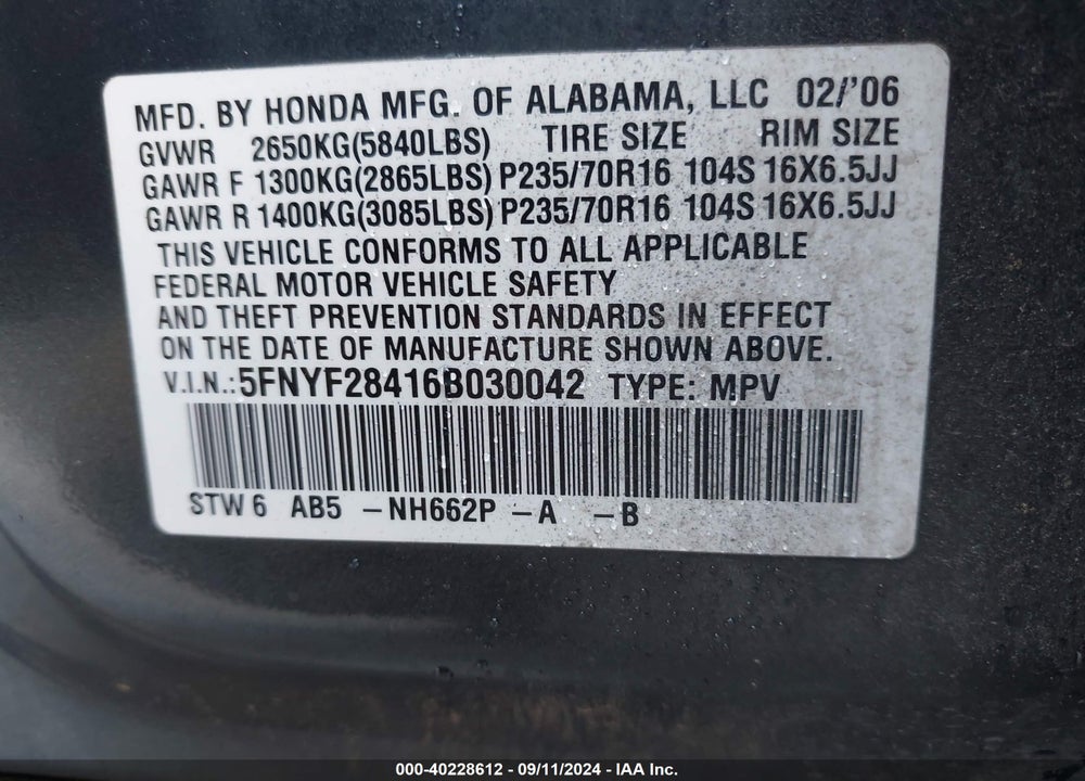 2006 HONDA PILOT EX VIN: 5FNYF28416B030042