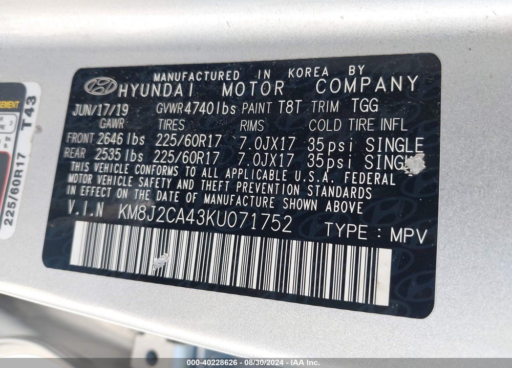 2019 HYUNDAI TUCSON SE VIN: KM8J2CA43KU071752