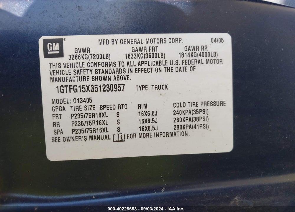 2005 GMC SAVANA STANDARD VIN: 1GTFG15X351230957