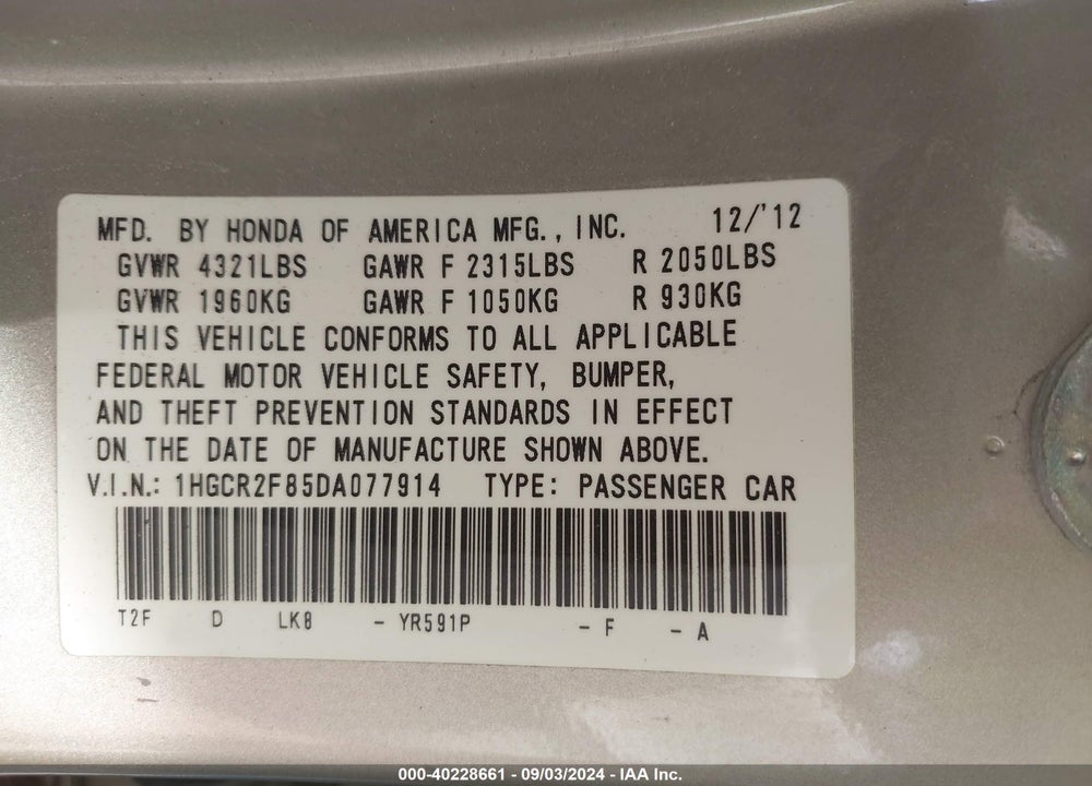 2013 HONDA ACCORD EX-L VIN: 1HGCR2F85DA077914