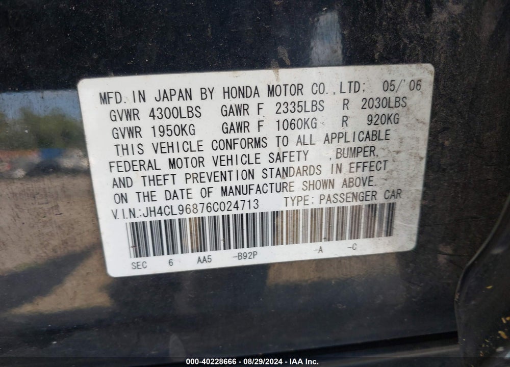 2006 ACURA TSX VIN: JH4CL96876C024713