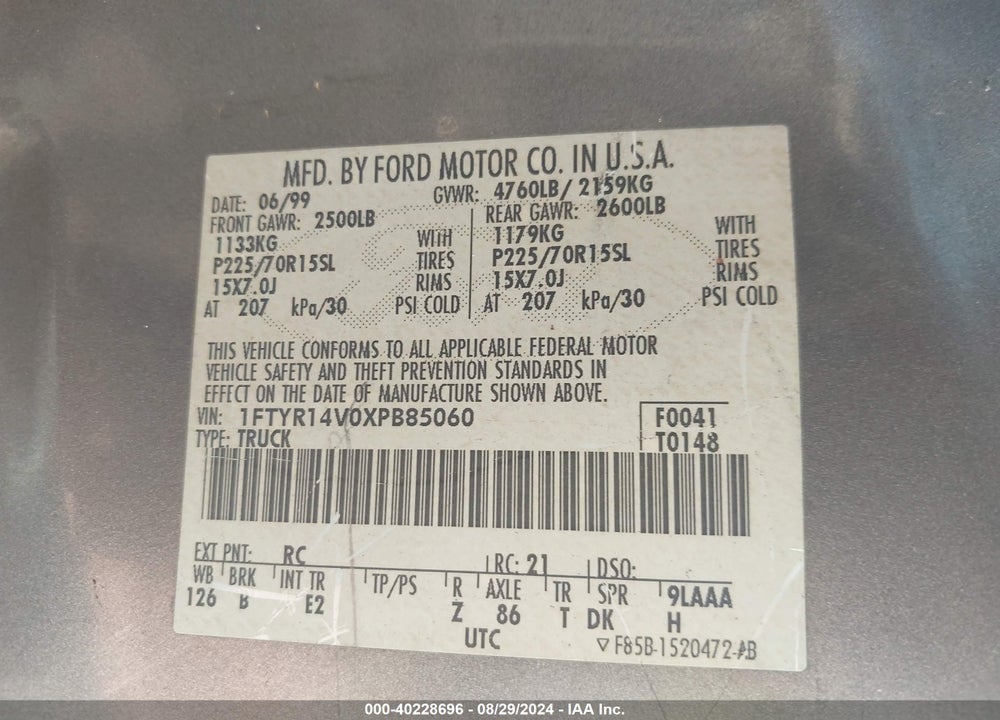 1999 FORD RANGER XL/XLT VIN: 1FTYR14V0XPB85060