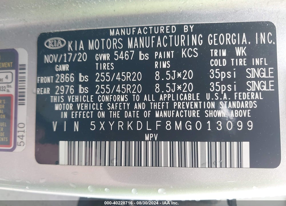 2021 KIA SORENTO SX PRESTIGE VIN: 5XYRKDLF8MG013099